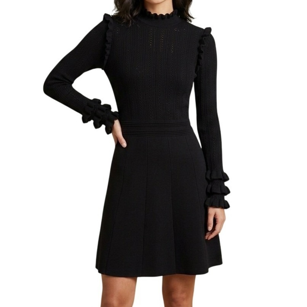 Zara Black Ruffled Mock Neck & Cuffs Bell Fit Flare‎ Sweater Goth Dress Small